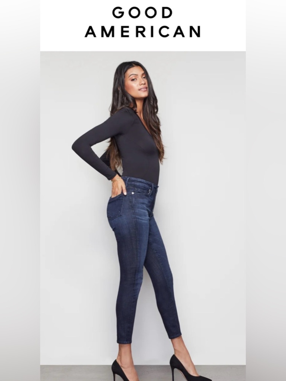 Good American Dark Blue Denim “Good Waist” Crop Jeans size 4/27